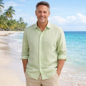 Tommy Bahama Relax Mens‎ Medium Linen Blend Button Front Long Sleeve Light Green